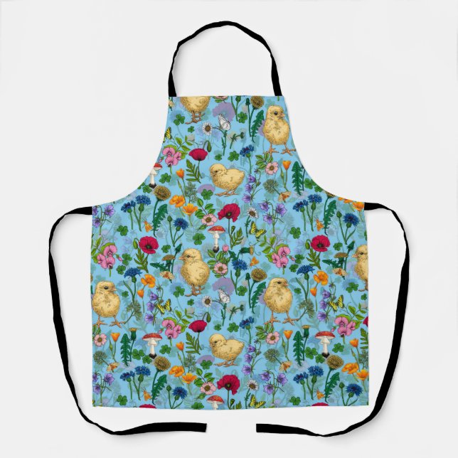 Tablier Poulets et fleurs sauvages sur le bleu bébé (Recto)