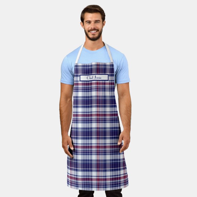 Tablier Preppy Multicolor Madras Burgundy Navy Blanc (Porté)