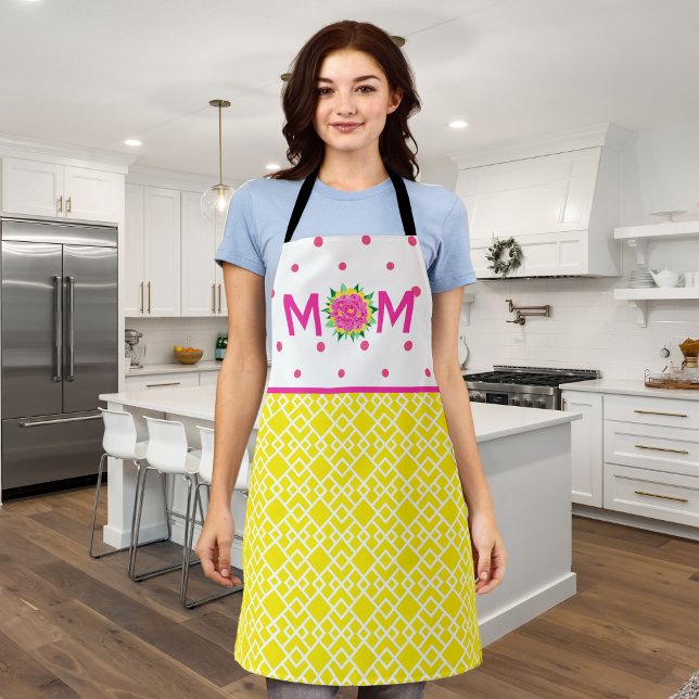 Tablier Preppy rose et jaune Tulip Bouquet Maman Apron (Preppy Pink and Yellow Tulip Bouquet Mom Apron)