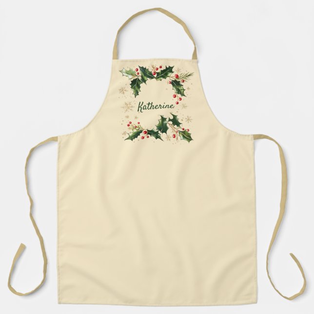 Tablier Pretty Personalized Holly & Snowflakes Xmas Apron (Recto)