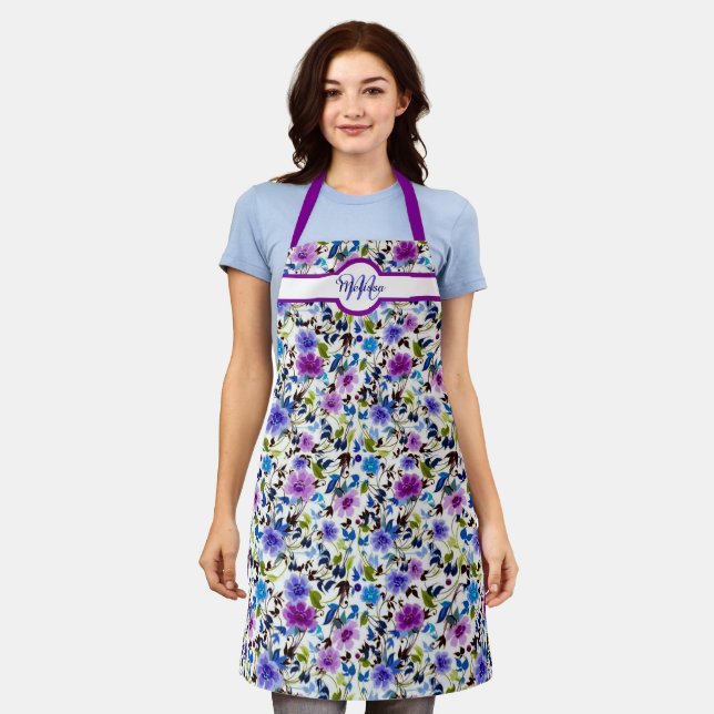 Tablier Purple and blue floral personalized (Porté)