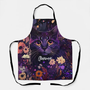 Tablier Purple et noir "Chat Floral"