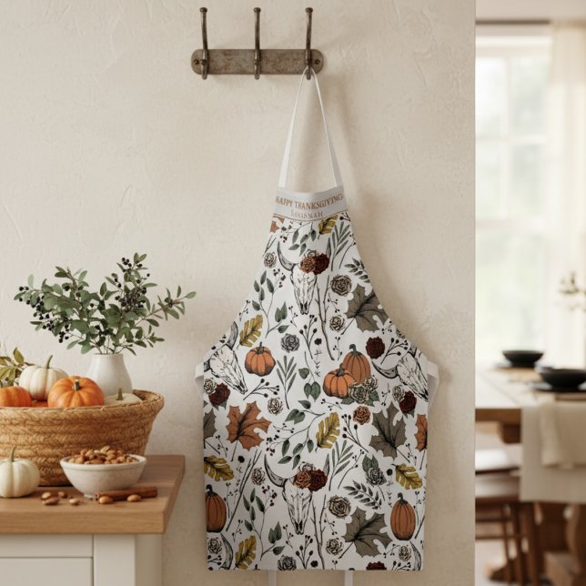 Tablier Récolte d'automne et cornes Thanksgiving Light Gre (Give Thanks with this Cow Skull Fall Harvest Thanksgiving Dinner Party Autumn Colors Apron for Chef)
