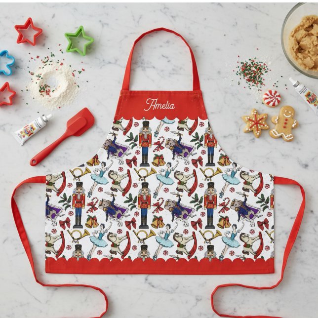 Tablier Red and White Nutcracker Ballet Kids Christmas (Cute Nutcracker Ballet Christmas Kids Baking Apron. Nutcracker, Mouse King, Ballerina Xmas Pattern )