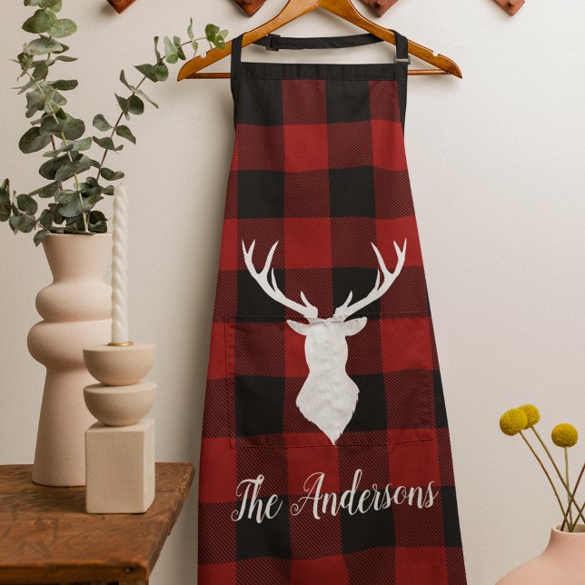 Tablier Red Buffalo Plaid & Deer | Nom personnel Cadeau (Créateur téléchargé)