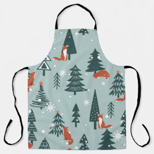 Tablier Renards, sapins, neige, dessinés à la main. Coulis