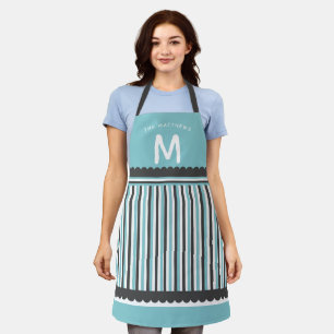 Tablier Retro Aqua Bleu & Bleu Grandes Blancs avec Nom de 