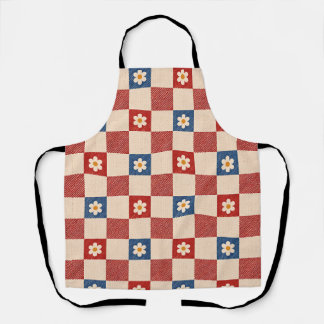 Tablier Rétro Gingham Daisy Rouge Bleu Crème Vinta