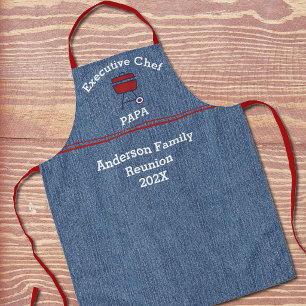 Tablier Réunion de Papy Chef Imprimé Bleu Denim Accents Ro