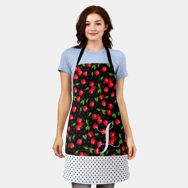 Tablier Rockabilly à pois Cerises Noir Personnalisé (Porté)