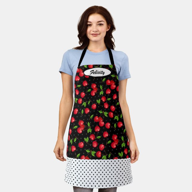 Tablier Rockabilly Points et Cerises Rouges Personnalisés (Porté)