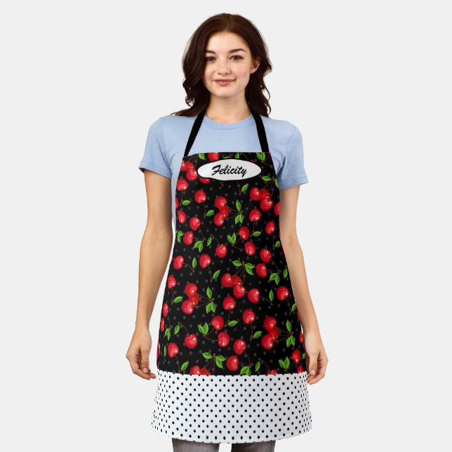 Tablier Rockabilly Polka Dots & Red Cherries Personnalisé (Porté)
