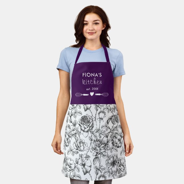 Tablier Rose botanique Noir et violet Personnalisé (Porté)