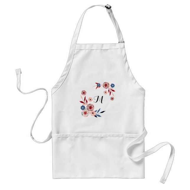 Tablier rose, fleurs bleues, motifs floraux, personnalisée (Devant)