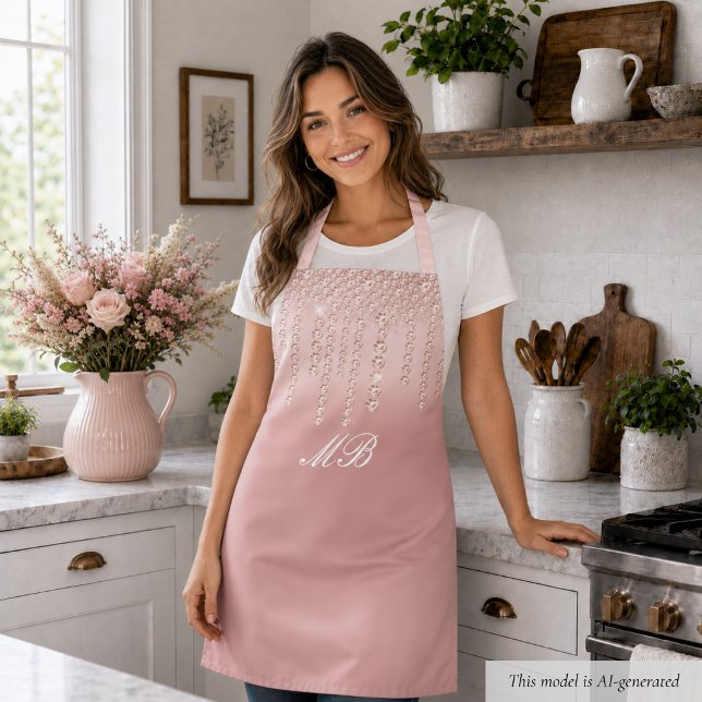 Tablier Rose Gold Chic (elegant glam chic luxury pink rose gold diamond apron with custom monogram initials)