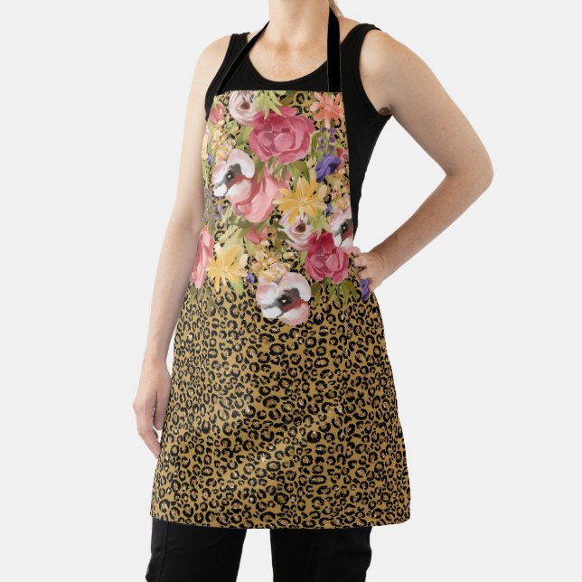 Tablier Rose Pâle Fleur Florale Léopard Doré Jaguar (Insitu)