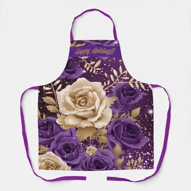 Tablier Roses d'or et de violet "Joyeux vacances ! ! !" Fl (Recto)