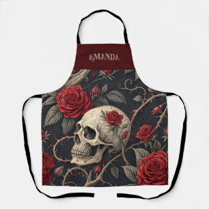 Tablier Roses du crâne gothique rouge