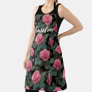 Tablier Roses roses roses sur fond noir personnalisable