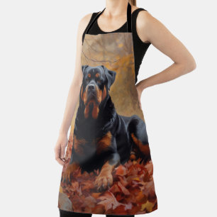 Tablier Rottweiler dans les feuilles d'automne tombées ins