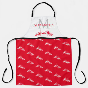 Tablier Rouge Blanc Nom Monogramme Homard Motif Apron