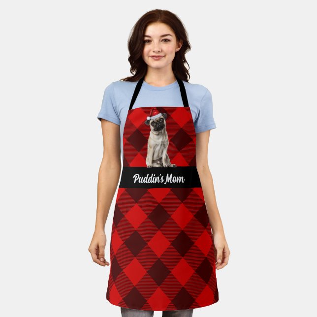 Tablier Rouge de vacances plaid Buffalo Pug Père Noël Chie (Porté)