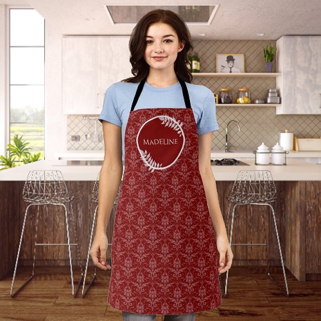 Tablier rouge élégant Damask personnalisé (Red Elegant Damask Personalized Apron)