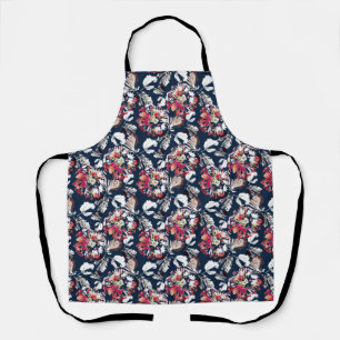 Tablier Rouge, fleurs blanches sur bleu.