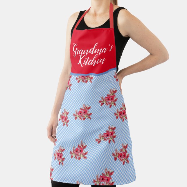 Tablier Rouge Floral Chic Blue Grandmas Cuisine (Insitu)