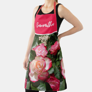 Tablier Rouge Floral et Roses Blanches Rose Cuisine pour f