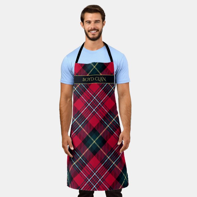 Tablier rouge Tartan avec votre texte (Porté)
