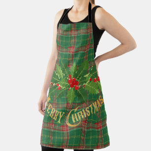 Tablier Rouge vert de Noël Plaid avec couronne