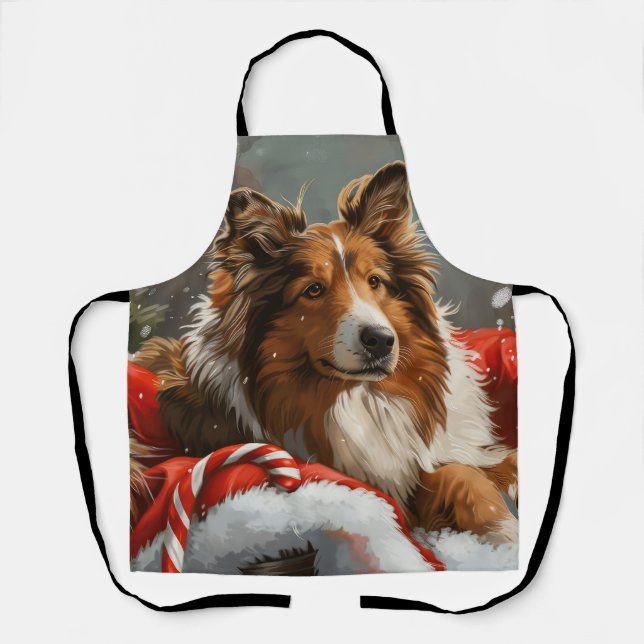 Tablier Rough Collie Chien Festif de Noël (Recto)