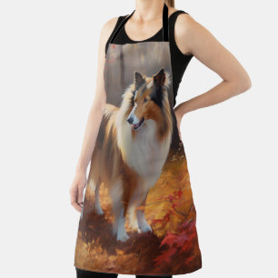 Tablier Rough Collie dans les feuilles d'automne qui tombe