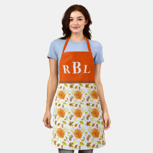 Tablier Russe récolte d'automne Orange Floral Monogramme