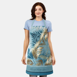 Tablier Sable bleu faux palmier doré feuille texte personn