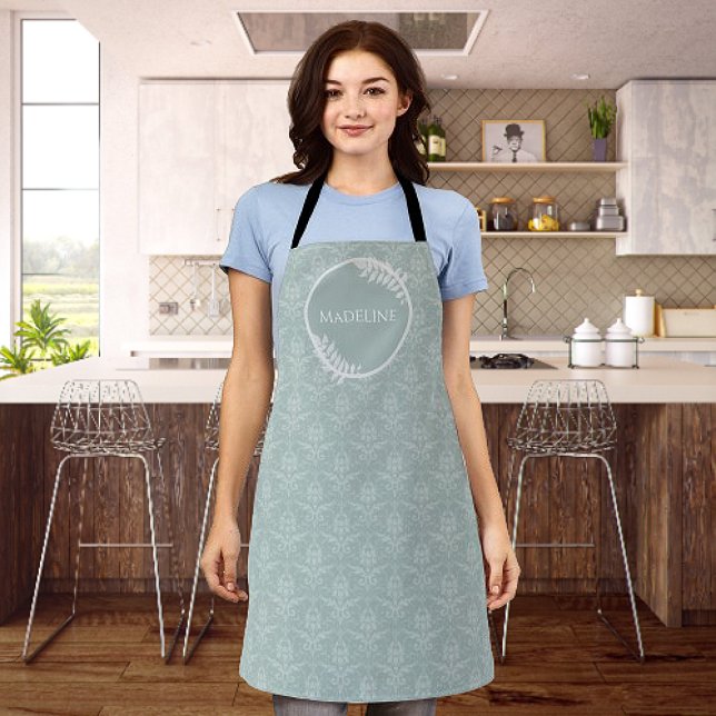 Tablier Sage Green Elegant Damask Espace personnalisé (Sage Green Elegant Damask Personalized Apron)