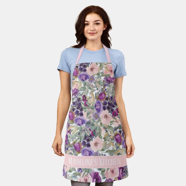 Tablier Sage Green Feuilles violet rose Fleurs Cuisine (Porté)
