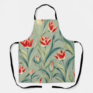 Tablier Sage Green Floral Rouges Tulipes