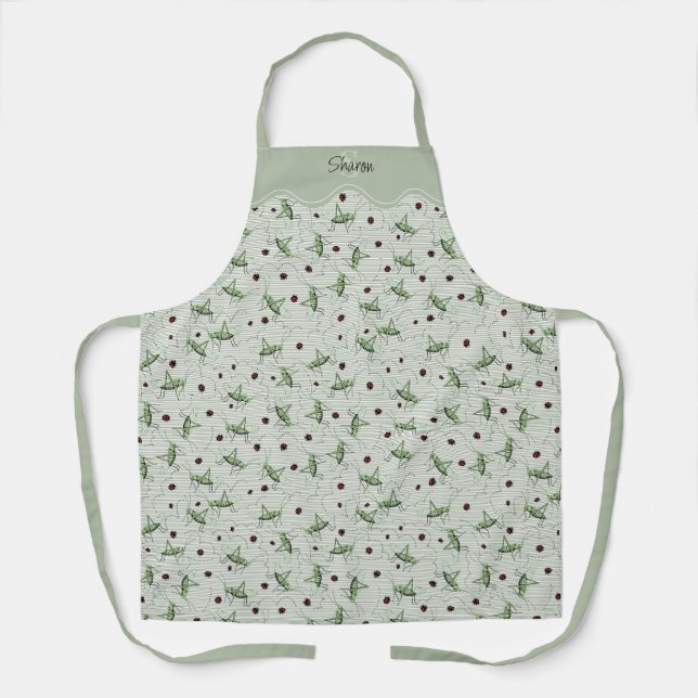 Tablier Sage Green Pinstripe Grasshopper Ladybug Jardinage (Recto)