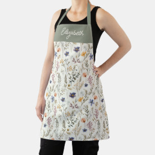 Tablier Sage Vert Aquarelle Fleur Sauvage Nom Personnalisé