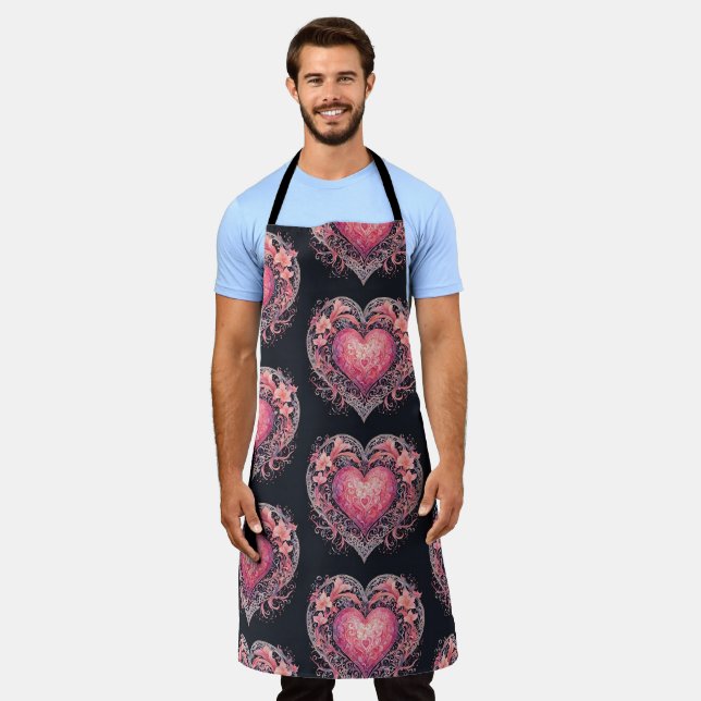 Tablier Saint-Valentin Coeur rose Love Fleurs Ornements (Porté)