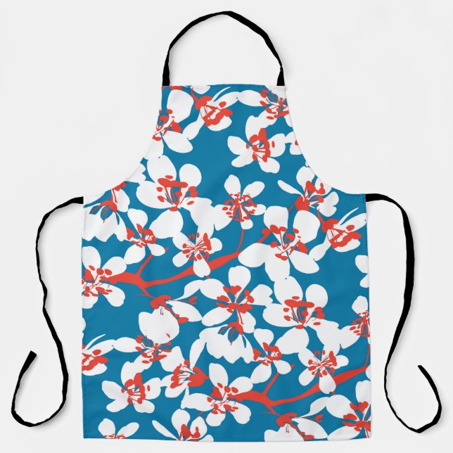 Tablier Sakura blanc, motif arrière - plan bleu classique. (Recto)