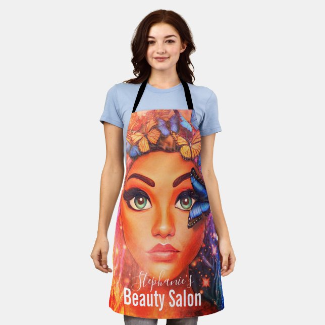 Tablier Salon de beauté Imaginaire dame avec papillons (Porté)
