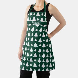 Tablier Sapin de Noël motif & nom vert et blanc