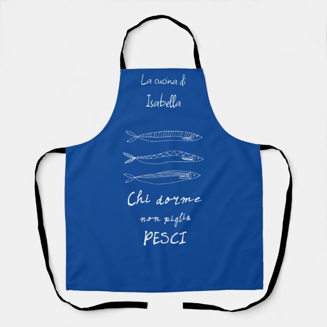 Tablier Sardines de cuisine italienne stylé bleu (Recto)