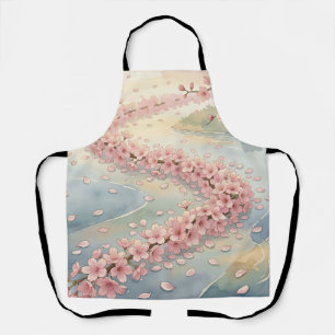 Tablier Scène aquarelle de la rivière aux cerisiers roses