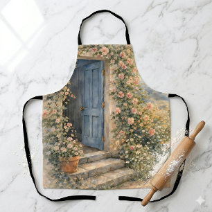 Tablier Scène de chemin fleuri à la porte bleue du jardin 