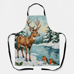 Tablier Scène de Noël vintage avec cerf et rouges-gorges