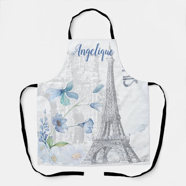 Tablier Scène de Paris et fleurs bleues sur mesure  (Recto)